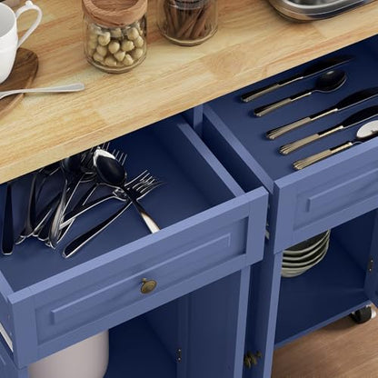 HOMCOM Kitchen Island Cart with Solid Wood Top 44" Mobile Navy Blue | Kitchen Island Table, on Wheels, Storage Cabinets, 2 Drawers, Adjustable Shelves, Spice Rack & Towel Bar, for Dining Room - color: Navy Blue