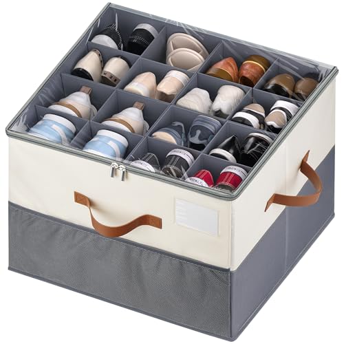 Shoe Organizer for Closet, 1 Pack Shoe Storage Container with Adjustable Dividers, Space Saving Shoe Box Storage Organizer Bin with Clear Lid and 4 Handles, Fits 8-16 Pairs, Beige & Grey - color: Beige & Grey, size: (1 Pack) 17"L x 17"W x 12 ½"H