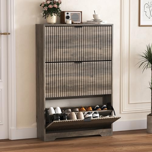 HUANLEGO Shoe Cabinet Storage for Entryway with 3 Flip Drawers, Grey Fluted Shoe Cabinet with Adjustable Shelves, Wooden Hidden Shoe Rack Freestanding Narrow Slim Shoes Storage for Hallway, Entrance - color: Grey, size: 3 Drawer