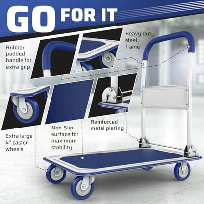Heavy Duty Foldable Push Cart Dolly | 330 lbs. Capacity | Upgraded Collapsible Hand Truck Folding Platform with Swivel Wheels | Flat Bed Moving Wagon | Space Saving Push Handle (Blue) - color: Blue, 330 Lbs. Capacity