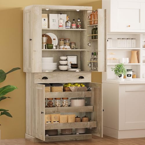 IRONCK Kitchen Pantry Cabinet 72" Height, Freestanding Cupboard with Drawer, Sliding Storage Rack, and 6 Hanging Shelves for Dining Room, Laundry, Rustic Maple - color: Rustic Maple