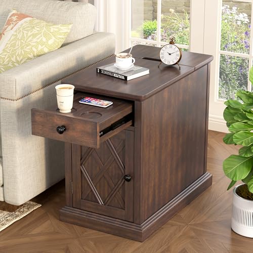 Multifunctional Classic Vintage End Table with USB Ports and 1 Drawer with Cup Holders, Sofa Side Narrow Table with Storage, Bedside Nightstand for Living Room Bedroom (Antique Espresso-4.3) - color: Antique Espresso-4.3