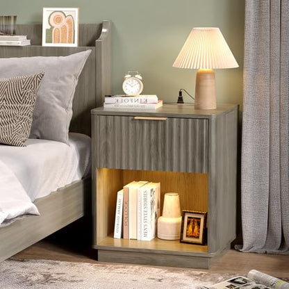VINGLI Night Stand with Charging Station & Led Light, 19" W Fluted Nightstand Round Edge, Wood Nightstand Mid Century Modern End Table, Bed Side Table for Bedroom, Living Room, Gray Oak - color: Grey, size: 19"W-1 Drawer 1 Shelf