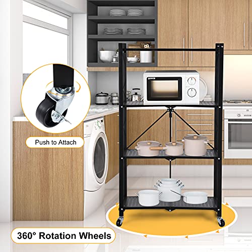 4-Tier Heavy Duty Foldable Metal Rack Storage Shelving Unit with Wheels Moving Easily Organizer Shelves Great for Garage Kitchen, Black - size: 4-Tier