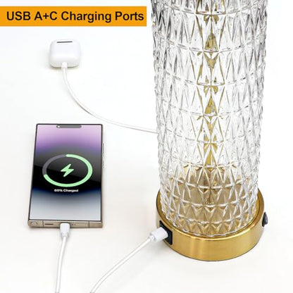 Oneach 27.75" Modern Table Lamps Set of 2, Gold Bedside Lamp with Crystal Nightlight, USB A+C, Black Grid Shade, Unique Desk Lamps for Living Room, Bedroom, Nightstand, End Table (2 Bulbs Included) - color: Gold - Black Shade
