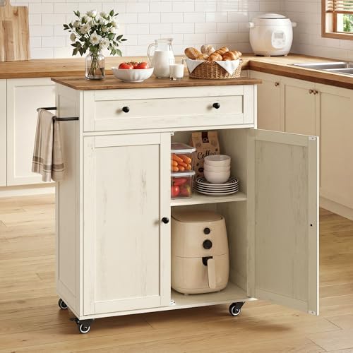 VASAGLE Mobile Kitchen Island, Portable Island on Wheels, Mobile Cart with Storage Cabinet for Dinning Room, 15.8 x 30.9 x 35.1 Inches, Rustic White and Honey Brown UKKI009WJ01S - color: Rustic White + Honey Brown, size: 15.8"D x 30.9"W x 35.1"H