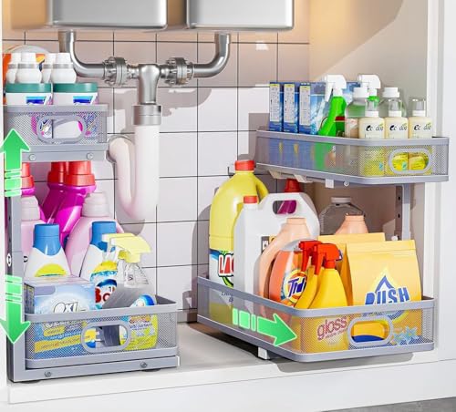 Under Sink Organizer 2 Pack, High Adjustable 2 Tier Under Sink Organizers and Storage, Slide out Metal Cabinet Organizers, Pull out Storage Drawer Shelf for Kitchen Bathroom Cabinet (Gray) - color: Gray
