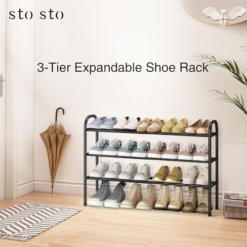 STO STO Expandable Shoe Rack, 3-Tier Metal Small Shoe Rack for Closet, Up to 16 Pairs Adjustable Shoes Racks Storage for Front Door Entrance, Free Standing Shoes Rack Organizer for Entryway, Black - size: 3-Tier