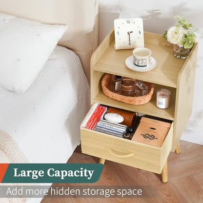 Yoobure Modern Nightstand with Fabric Drawer, Bedside Tables, Mid Century Nightstand with Open Storage Shelf, Wood Bedside Table, Small Night Stands for Bedrooms, 2-Tier Night Table - color: Natural