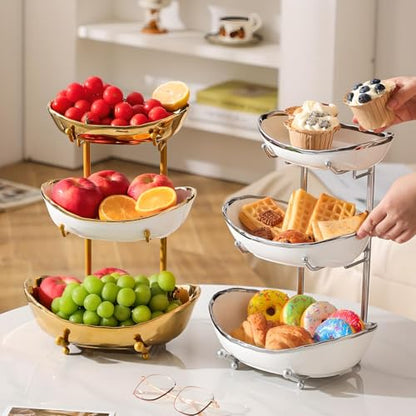 YYW 3 Tier Fruit Bowl for Kitchen Counter, White Gold Silver Ceramic Fruit Stand for Countertop, Home Fruit Rack with Metal Holder, Vegetable Snacks Nuts Bread Candy Storage (Gold (Smooth)) - color: Gold (Smooth)
