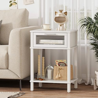 Nightstand Wooden Bedside Table with Drawer White Night Stands Modern Style Small End Table Side Table with Storage Shelf for Bedroom Living Room MLBZ10W - color: White