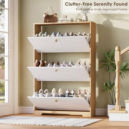 Nicetree Shoe Storage Cabinet for Entryway, Modern Shoe Cabinet, Freestanding Shoe Rack Cabinet, Hidden Shoe Dresser for Hallway,Foyer, Natural Oak and White - color: Natural Oak and White, style: 3-Drawers