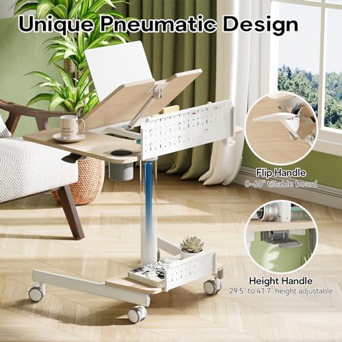 JOY worker Rolling Standing Desk, Mobile Tilt Adjustable Laptop Desk, Oak | 28" Partial 60° Foldable MDF Board, Height Adjustable, DIY Pegboard & Storage Base, 4 Lockable Casters, Home Office Classroom - color: Oak