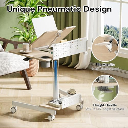 JOY worker Rolling Standing Desk, Mobile Tilt Adjustable Laptop Desk, Oak | 28" Partial 60° Foldable MDF Board, Height Adjustable, DIY Pegboard & Storage Base, 4 Lockable Casters, Home Office Classroom - color: Oak