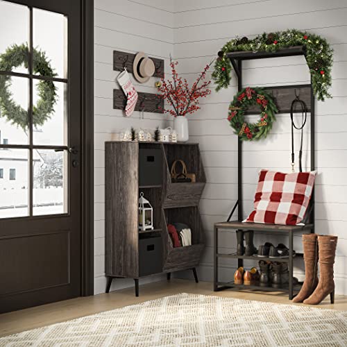 RiverRidge Afton Hall Tree, Black Metal Frame and Weathered Woodgrain | Entryway Organizer with Shoe Rack, Bench Seat, Coat Hooks, Top Display Storage Shelf