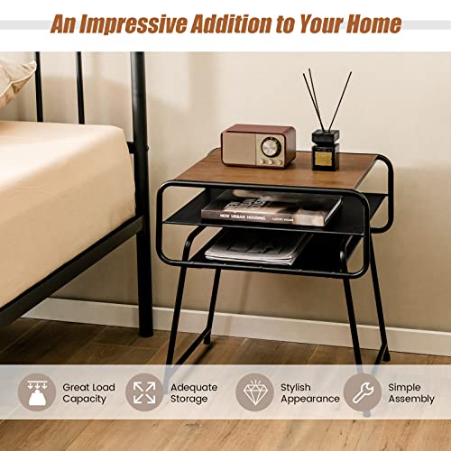 Giantex 3-Tier Side End Table with Shelf, Accent Side Table with Steel Frame, Modern Nightstand for Small Space, Couch Snack Table for Living Room Bedroom Study Easy Assembly (1, Brown & Black)