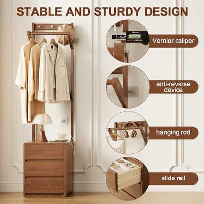 Solid Wood Coat Rack Freestanding,Standing Coat Rack with 3 drawers,Clothing Racks for Hanging Clothes,Narrow Hall Tree with Storage,Walnut Nightstand with 6 Coat Hooks for Bedroom Entryway Corner - size: 3 drawers