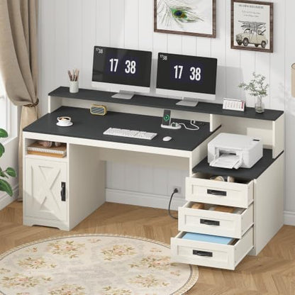 65" Farmhouse Computer Desk with Drawers and Printer Stand for Home Office | Office Desk with Power Outlets and Storage Cabinet, Study Writing Desks with Long Monitor Stand, Black and White - color: Black and White