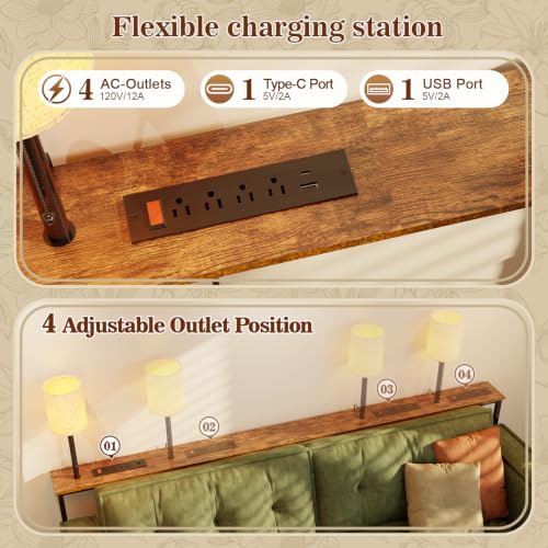 78.8" Long Sofa Table with Lights & Charging Station - 4 AC outlets | 22"-32" Height Adjustable Behind Couch Table, Narrow Console Table, Slim Design for Living Room, Rustic Brown - color: Brown, size: 78.8" Long-2 Light
