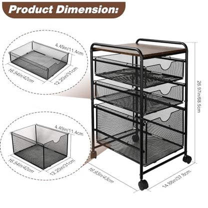 EasyPAG 3-Tier Rolling File Cart with 1 Large & 2 Small Baskets – Adjustable Hanging Organizer, Under Desk Storage, Mobile File Cabinet for Home/Office, Black