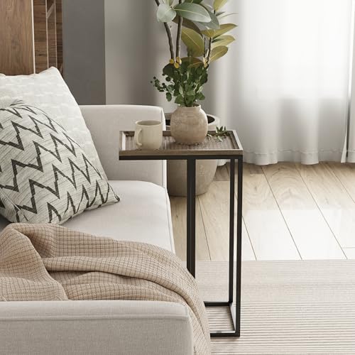 Farmhouse C Shaped End Table with Distressed Wood & Metal Woven Tray Top, Modern Slim Snack Side Table with Metal Base, Black - color: Black, style: Metal Woven