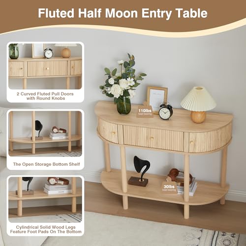 XUZENEST 43.3“ Fluted Half Moon Console Table, Modern Entryway Console Sofa Table with Storage, Narrow Wood Accent Tables Behind Couch Tables for Living Room, Hallway, Foyer(Natural) - color: 43.3 Half Moon Natural