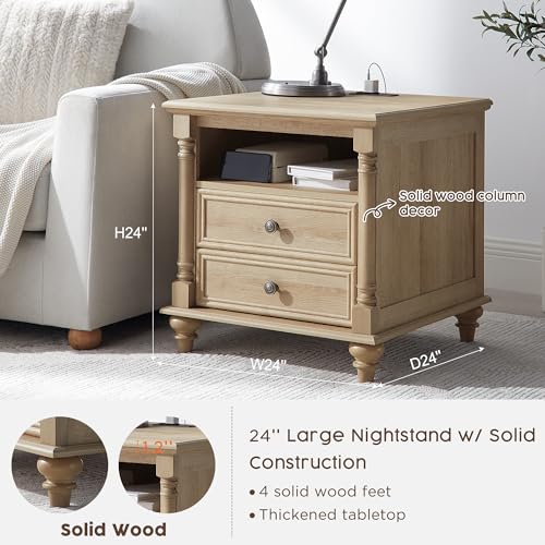 T4TREAM 24" Farmhouse Nightstands with 2 Drawers, Natural Oak | 4 Solid Wood Feet, Charging Station, Tall Rustic Wood Square, Sofa Side Table, Living Room, Bedroom - color: Natural Oak
