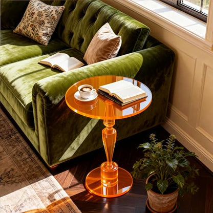 Acrylic Round Side Table, End Table Nightstand Pedestal Table for Living Room, Bedroom, Balcony (Orange, 15.7“×15.7”×21.7“) - color: Orange