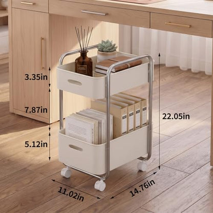 PureBox 2-Tier Metal Rolling Utility Cart with Slide-Out Drawer,Sturdy Solid Board Utility Cart for Under Desk,with Lockable Wheels Mobile Storage Organizer for Office,Living Room,Kitchen,Cream White