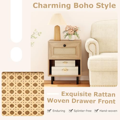 Giantex Rattan Nightstand with Drawer, Mid Century Modern Bed Side Table w/ 4 Metal Legs and Open Storage Shelf, Wood Boho End Table for Small Spaces, Night Stand for Bedroom Office, Natural - color: Natural