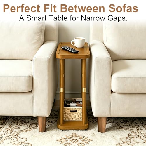 Solid Wood Narrow Side Table, 7.5-Inch Slim End Table for Small Spaces, Skinny Nightstand & Sofa Table with Storage Shelf for Living Room, Bedroom, Amber Brown - color: Amber Brown
