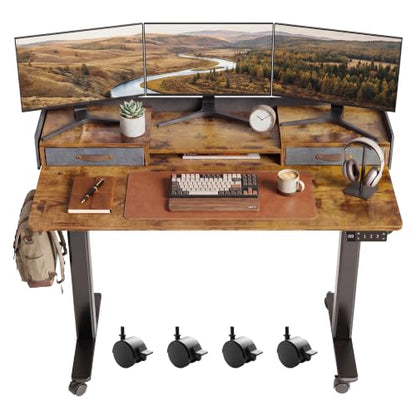 Claiks Standing Desk with Drawers, Stand Up Electric Standing Desk Adjustable Height with Storage Shelf and Splice Board, 48 Inch, Rustic Brown - color: Rustic Brown, size: 47.2×23.6