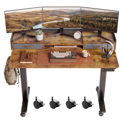 Claiks Standing Desk with Drawers, Stand Up Electric Standing Desk Adjustable Height with Storage Shelf and Splice Board, 48 Inch, Rustic Brown - color: Rustic Brown, size: 47.2×23.6