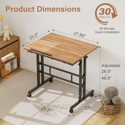 VECELO Mobile Small Standing Desk Adjustable Height, Computer Workstations with Tiltable Tabletop, Lockable Wheels, Portable Rolling Laptop Desk for Home Office, Brown - color: Brown