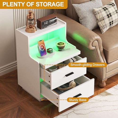 Yusong LED Nightstand Bedside Table with Charging Station 2 Drawers, Modern Sofa Couch End Side Table with LED Lights and Pull-Out Shelf for Bedroom, White - color: White 003