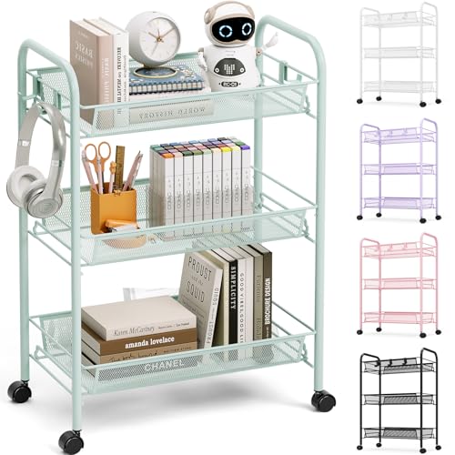 TOOLF 3 Tier Rolling Cart, Metal Utility Storage Cart with Wheels, Green | 3 Hooks, Screwless Assembly, Trolley Organizer for Bathroom, Kitchen, Office, Nursery, Dorm, Laundry Room - color: Green, size: 3-Tier