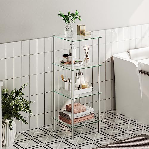 HOOBRO Glass Shelf, 4 Tier Bathroom Standing Shelf Unit, Tempered Glass Shelving Stand for Small Space, Perfume Stand Organizer, Space-Saving, for Bathroom, Bedroom, Steel Frame, Silver SV04CJ01 - size: 15" L x 11.8" W x 41.3" H