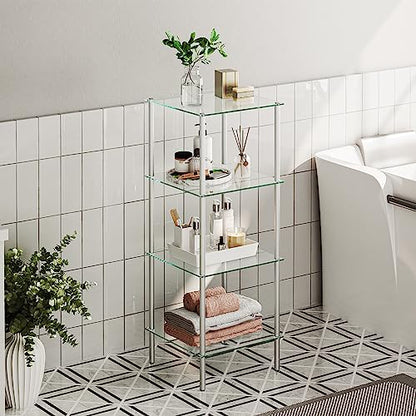 HOOBRO Glass Shelf, 4 Tier Bathroom Standing Shelf Unit, Tempered Glass Shelving Stand for Small Space, Perfume Stand Organizer, Space-Saving, for Bathroom, Bedroom, Steel Frame, Silver SV04CJ01 - size: 15" L x 11.8" W x 41.3" H