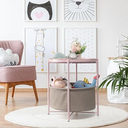 danpinera Pink Round Side Table with Fabric Storage Basket,Small Sofa Table | Metal Modern Nightstand for Small Space, Bedroom, Nursery, Accent Metal Table with Removable Serving Tray, 20.47 in Tall - color: Light Pink