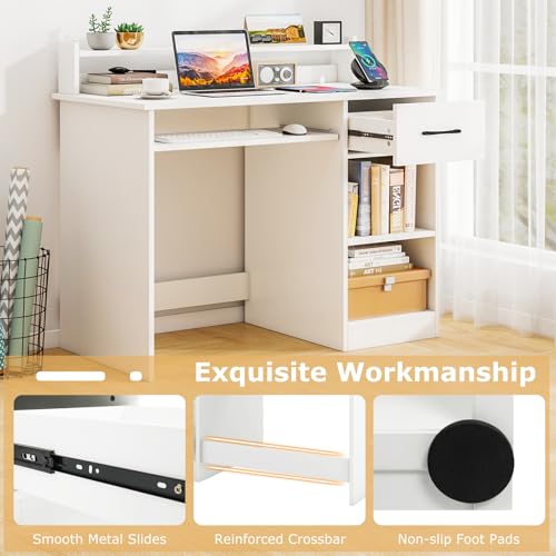 Tangkula White Desk with Drawer & Keyboard Tray, Home Office Desk with Built-in Charge Station & Adjustable Shelf, Study Writing Table with Hutch, Modern Computer PC Workstation