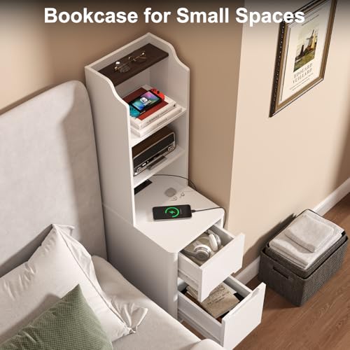 Tall Nightstand Set of 2 w/Charging Station, Narrow Nightstand w/Bookshelf | 47" Modern Side Table with 2 Drawers, Adjustable 4 Open Shelves, Wooden End Table Bedside Table for Bedroom (White) - color: White, size: Tall (2 drawer)