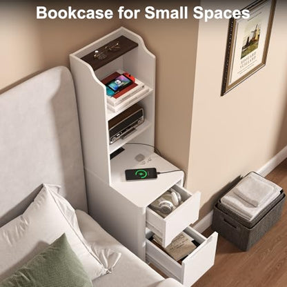 Tall Nightstand Set of 2 w/Charging Station, Narrow Nightstand w/Bookshelf | 47" Modern Side Table with 2 Drawers, Adjustable 4 Open Shelves, Wooden End Table Bedside Table for Bedroom (White) - color: White, size: Tall (2 drawer)