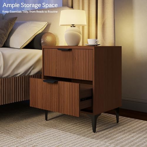 Walnut Fluted Nightstand Set of 2, Modern Night Stands with 2 Drawers | Bedside Table for Twin/Full/Queen Bed, End Table with Robot-friendly Metal Legs for Bedroom, Living Room - color: 2 Drawers-2pcs-walnut