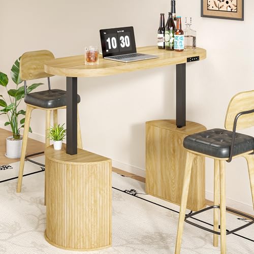 Mid Century Modern Electric Standing Desk with Storage, 55 x 22 Inch Small Sit Stand Up Desk, Wood Adjustable Height Computer Executive Desk for Home Office, Laptop, Oak - color: Wood