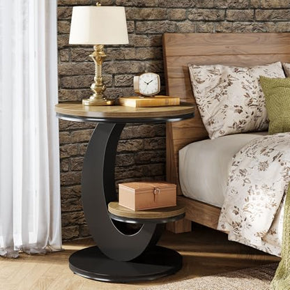 Tribesigns Round End Table, 2 Tiers Side Table with Storage Shelf, Sofa Side Bedside Nightstand with Wood Metal C-Shaped Frame for Small Spaces, Living Room, Easy to Assemble, Light Brown (2PCS) - color: Light Brown