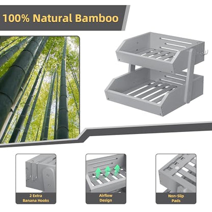 Hellojin Gray Bamboo 2 Tier Fruit Basket with Banana Hangers | Wooden Tiered Organizer, Protective Mats, Large Capacity, Versatile Holder for Bread, Snacks, Veggies, Onion and Potato - color: Grey-2 tier