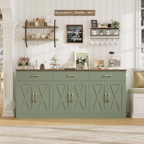 HOSTACK 71" W Kitchen Sideboard Buffet Cabinet with Storage, Green/Brown | Farmhouse Coffee Bar Cabinet with Wide Drawers, Large Buffet Table with Shelves, Long Kitchen Storage Cabinet for Dining Room - color: Green/Brown