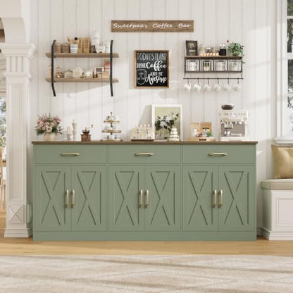 HOSTACK 71" W Kitchen Sideboard Buffet Cabinet with Storage, Green/Brown | Farmhouse Coffee Bar Cabinet with Wide Drawers, Large Buffet Table with Shelves, Long Kitchen Storage Cabinet for Dining Room - color: Green/Brown