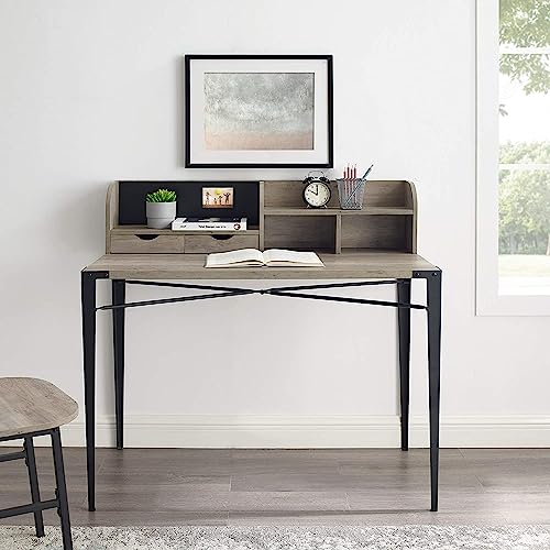 Interior Elements Industrial Modern Wooden Secretary Office Desk with Hutch - Grey Wash, 42"