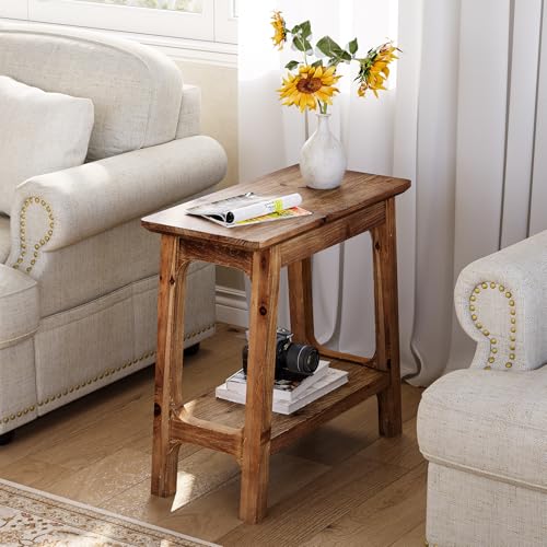 LITTLE TREE Narrow Side Table, Solid Wood Slim End Table for Small Spaces, 23.6" Sofa Side Tables, Skinny Bedside Tables Nightstand for Bedroom, Natural Wood (1 Piece)